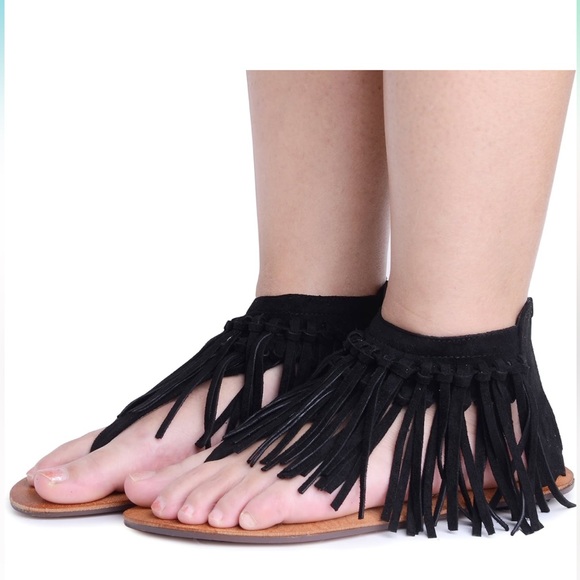 Black Suede Fringe Ankle Zip Up Brown Sole Sandals - Picture 12 of 16